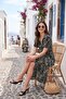 Patterned Relaxed Fit Balloon Sleeve Slit Belted Midi Length Dress Women's Dress 67810558