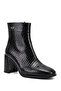 Women's Black Crocodile Zippered Blunt Toe Thick Heeled Boots