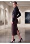 Women's Brown Diver Regular Waist Black Midi Skirt with Back Slit