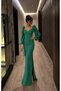 Princess Sleeve Slit Detail Sweetheart Neckline Imported Crepe Fabric Long Sleeve Long Dress 582732 Emerald