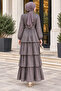 Layered Detailed Belted Alina Hijab Evening Dress-Brown - 3