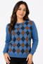 Women's Crew Neck Wool Sweater with Diamond Pattern on the Front O.Blue