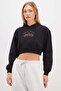 Baskılı Kapüşonlu Crop Sweatshirt - 5