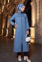 Long Denim Jacket with Pearl Shoulders and Ribbed Zipper Closure - 5