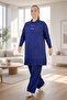 Gold Button Detail Polo Neck Tunic Elastic Waist Pants Plus Size Mercherized Suit - 2