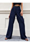 Women's Navy Blue Stretch Fabric Palazzo Relaxed Wide-Leg Pants