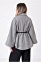 Women's Gray Poncho Cape with Belt and Textured Cashmere Coat - 4