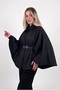 Women's Black Poncho Cape with Belt and Textured Cashmere Coat - 2