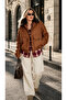 Women's Suede Oversize Bomber Jacket with Pockets and Detachable Fur Collar