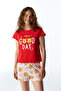 Red Good Day Bear Patterned Short Sleeve Shorts Pajama Set