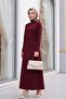 Waist-Cinched Knitted Crepe Lycra Dress - Burgundy - 4