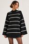 Black Oversize Striped Half Fisherman Women's Knitwear Tunic Sweater