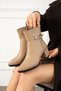 Astraya Women's Beige Buckle Heeled Short Boots Stylish Winter Boots Bootie