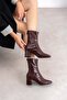 Janice Women's Burgundy Blunt Square Toe Wrinkled Patterned Patent Leather Stretch Back Zipper 6 cm Thick Heeled B - 2