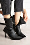 Marya Women's Black Stretch Leather Pointed Toe Warm Lined Zippered 7 cm Thin Heeled Boots Bootie - 3