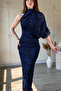 One-Shoulder Halter Neck Draped Elegant Shimmering Maxi Tulle Navy Blue Dress - 4