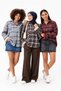 Women's Red Gray Plaid Oversized Shirt with Lace Detail, Long Sleeves, Relaxed Fit - 3