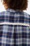 Women's Blue Plaid Oversized Shirt with Lace Detail, Long Sleeves, Relaxed Fit - 8