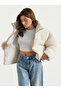 Women's Ecru High Collar Trendy Lined Lamb Plush Fabric Short Coat 2283 - 2