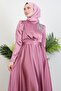 Shoulder Stoned Satin Evening Dress Dark Pink - 5