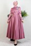 Shoulder Stoned Satin Evening Dress Dark Pink