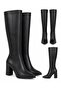 Pointed Toe Thick Heeled Side Zipper Below the Knee Women's Black Leather Boots - 5