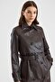 Cape and Buckle Detailed Crush Leather Trench Coat Brown 6900 - 6