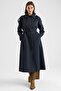 Apolet Detailed Large Size Water Repellent Long Trench Coat Dark Blue 6899 - 2