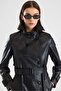 Cape and Buckle Detailed Crush Leather Trench Coat Black 6900 - 6