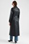 Cape and Buckle Detailed Crush Leather Trench Coat Black 6900 - 7