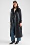 Cape and Buckle Detailed Crush Leather Trench Coat Black 6900 - 3