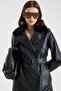 Removable Fur Cape and Buckle Detailed Crush Leather Trench Coat Black 6907 - 4