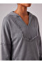 Women's Gray V-Neck Hooded Sweatshirt with Stitching Detail and Piece-Dye Washed Effect, 100% Cotton - 7