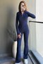 Combo Navy Blue Women's Long Sleeve Zippered Slim Fit Spanish Leg Yoga Pilates Fitness 2-Piece Sports Set