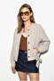 Women's Gray Crew Neck Buttoned Side Tie Detailed Lined Short Trench Coat 2818 60286459 - 5