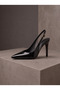 Black Patent Leather Transparent Detailed Slingback Stiletto Pointed Toe Gold Buckle Thin Heel Evening Event Elegance