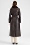 Removable Fur Cape and Buckle Detailed Crush Leather Trench Coat Brown 6907 - 7
