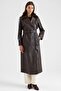 Removable Fur Cape and Buckle Detailed Crush Leather Trench Coat Brown 6907