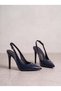 Navy Blue Patent Leather Slingback Stiletto with Transparent Detail, Pointed Toe, Gold Buckle, Thin Heel, Evening Dress Elegance - 4