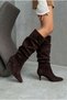 Women's Brown Suede Bellowed Pino Heel Above the Knee Boots Un001-0904