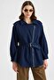 Zipper Closure, Elastic Waist and Belt Detail Denim Jacket Dark Blue 8257