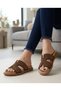Women's 100% Genuine Leather Stone Detailed H Band Casual Stylish Slippers - 6
