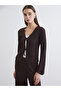 Two Mt Shop Quality Lcw Everyday Brown Raschel Plain V-Neck Long Sleeve Women's Blouse