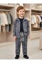 Boy's Gray Washed Marble Patterned Buttoned Jacket Top and Bottom Set - 3