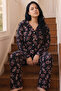 Black Patterned Thermal Fabric Ultra Soft Plus Size Oversized Buttoned Knitted Pajama Set