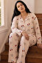 Cream Patterned Thermal Fabric Ultra Soft Plus Size King Size Buttoned Knitted Pajama Set