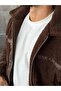 Leather Stripe Detailed Plush Zippered Coat S - Brown - 3