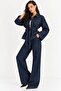 Women's Dark Navy Blue Denim Belted Jacket & Wide Leg Jeans Two-Piece Set - 3