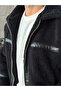 Leather Stripe Detailed Plush Zippered Coat S - Black - 5