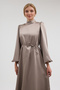 Balon Sleeve Satin Evening Dress - Mink - 5